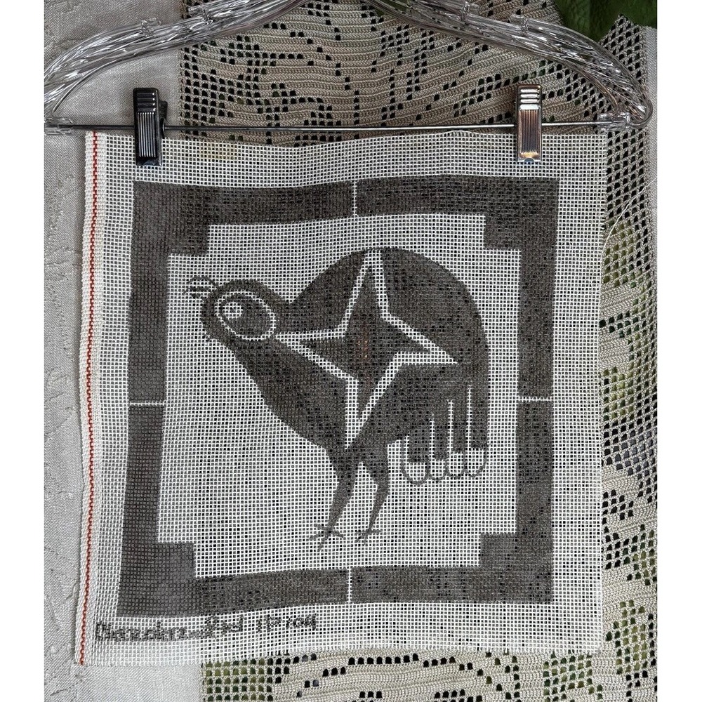 Vintage Hand Painted Needlepoint Canvas African Bird 24x24 Art Wall Hanging